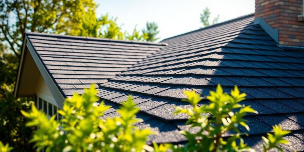 Well-maintained roof with shingles and surrounding greenery.