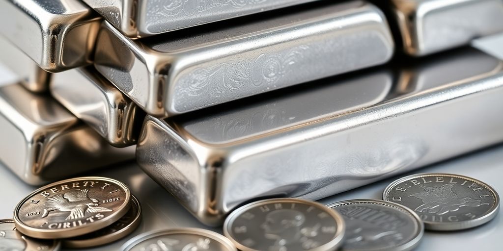 Divers lingots et pièces d'argent empilés, très brillants.