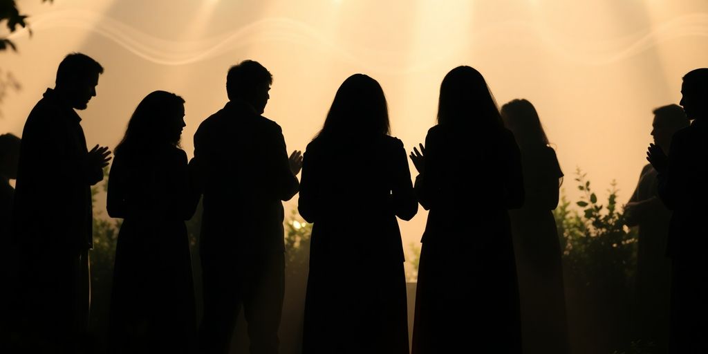 Silhouetted figures in communion prayer, surrounded by soft light.