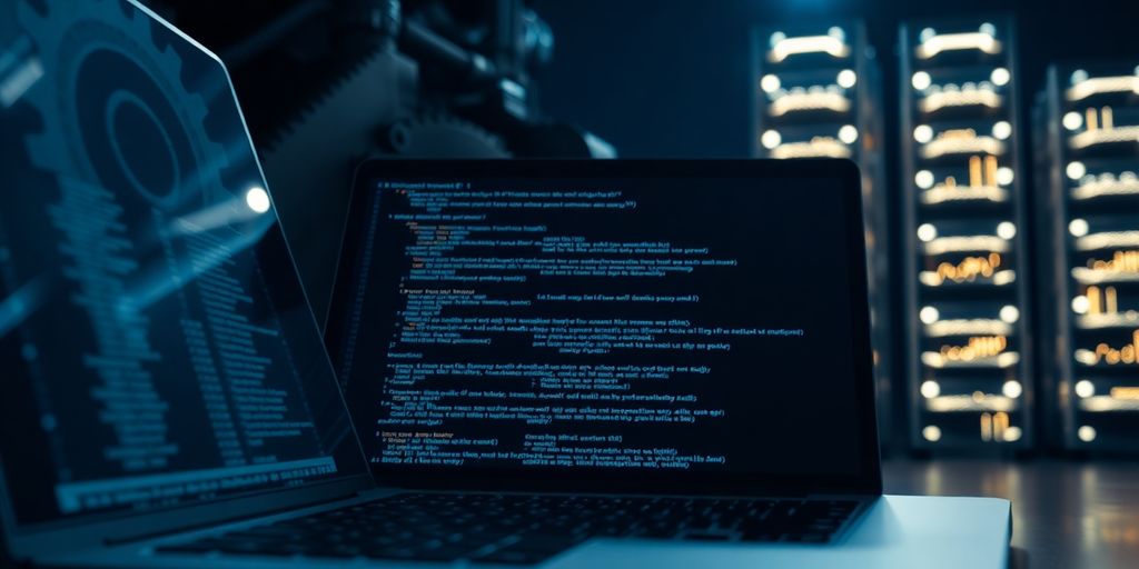 Laptop displaying code, gears turning, database towers.