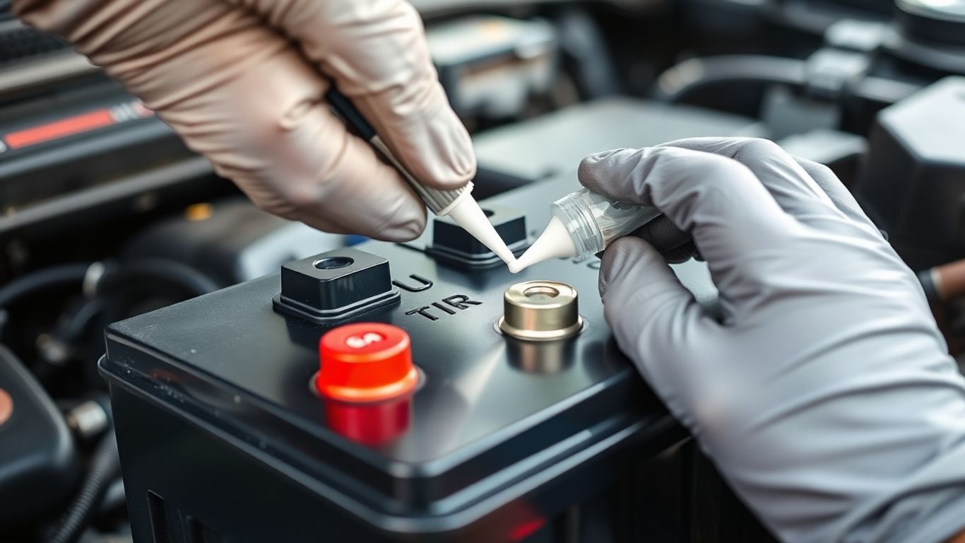 Applying grease to clean car battery terminals