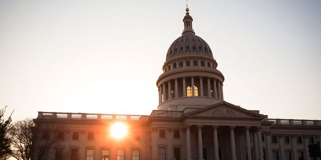 New York State Capitol building at sunset.