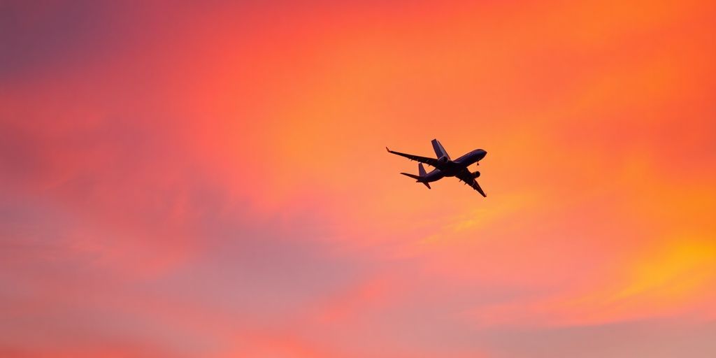Avião da LATAM decolando em um pôr do sol vibrante.