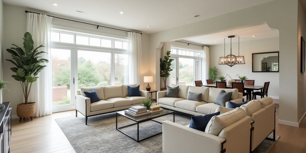 Modern remodeled living room with bright decor and furniture.