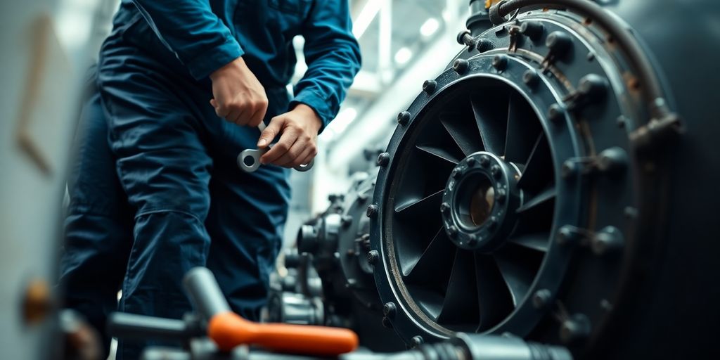 Marine mechanic working on boat engine.