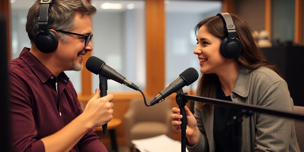 Podcast host interviews guest with microphones.