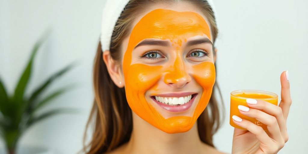 Woman with glowing skin applying a vibrant orange face mask.
