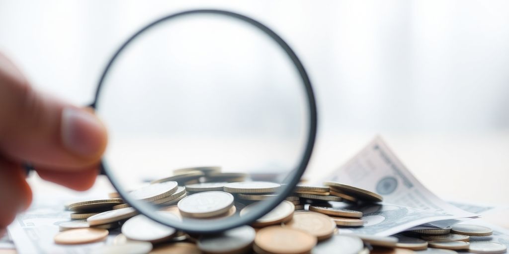 Person holding magnifying glass over flowing money.