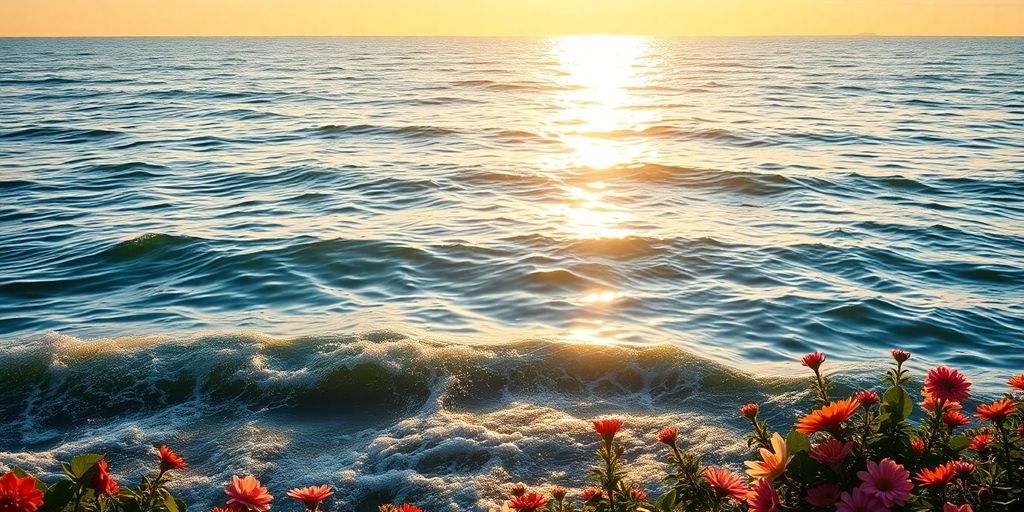 Serene landscape with gentle waves and golden sunlight.