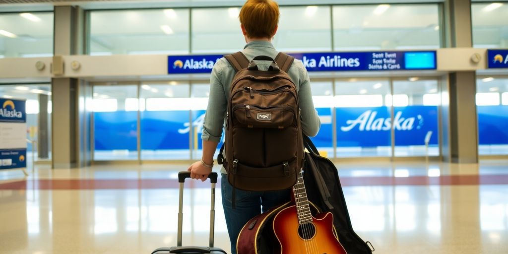 Traveler with carry-on luggage and guitar at Alaska Airlines gate.