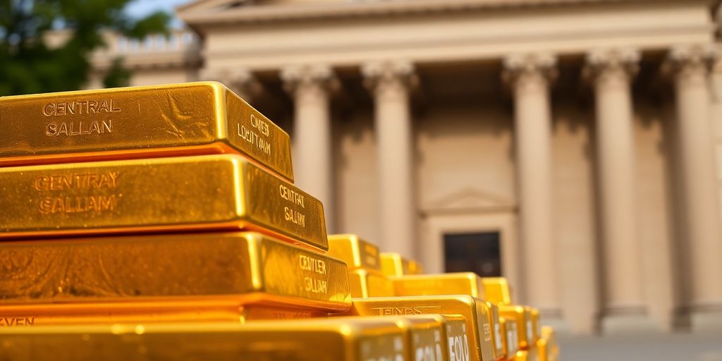 Lingots d'or empilés devant un bâtiment de banque centrale.