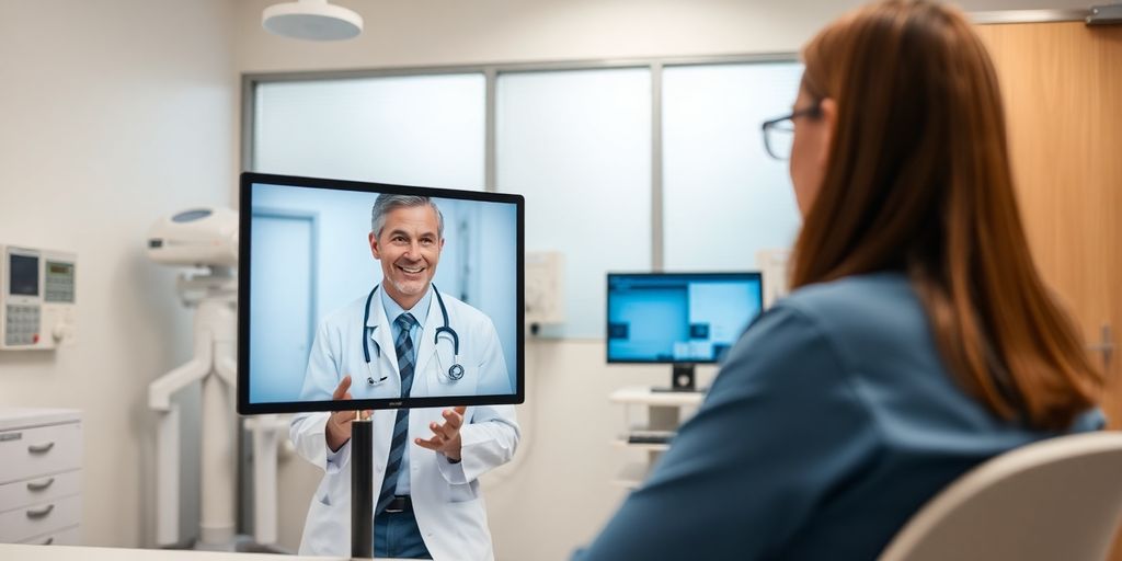 Doctor consulting with patient via video conferencing in a modern healthcare setting, showcasing AONMeetings' telemedicine capabilities.