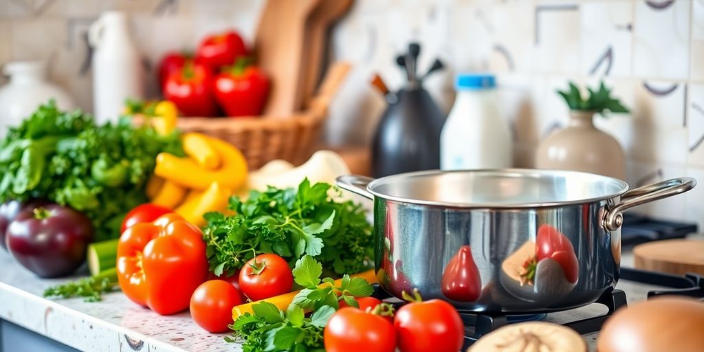 Fresh ingredients for heart-healthy cooking in a kitchen.