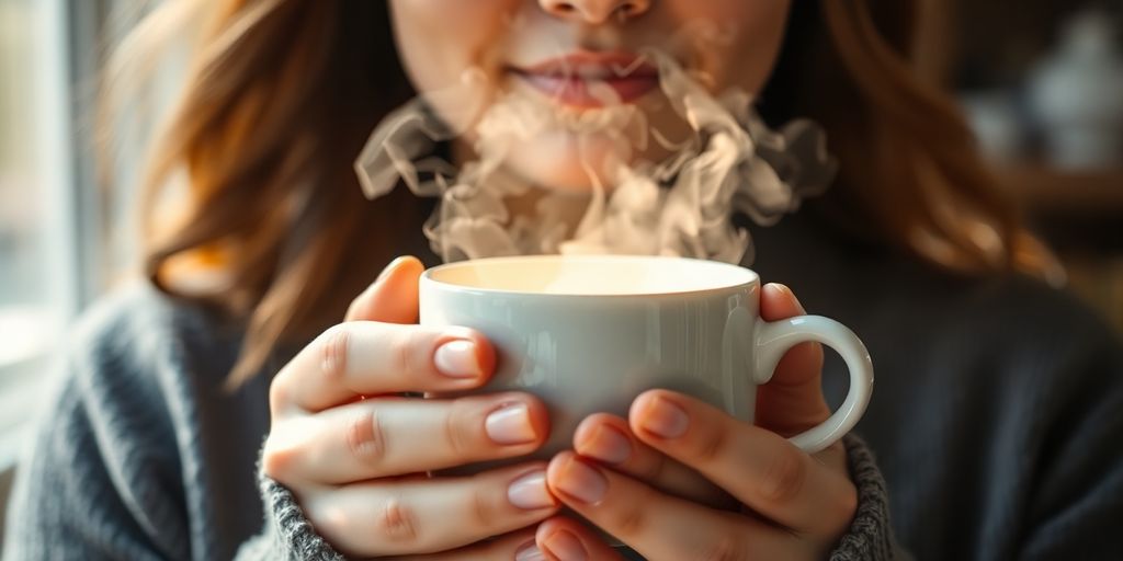 A person relaxing with a cup of coffee.
