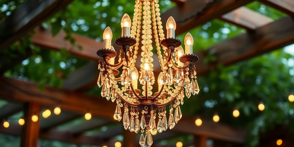 Chandelier repurposed for outdoor patio lighting.
