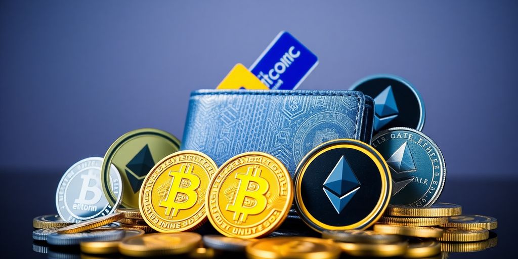 Digital wallet with cryptocurrencies on a modern background.