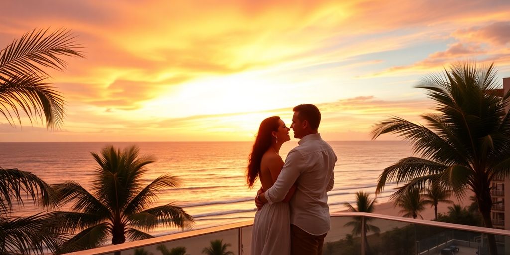 Couple enjoying Cabo honeymoon ocean view from resort.