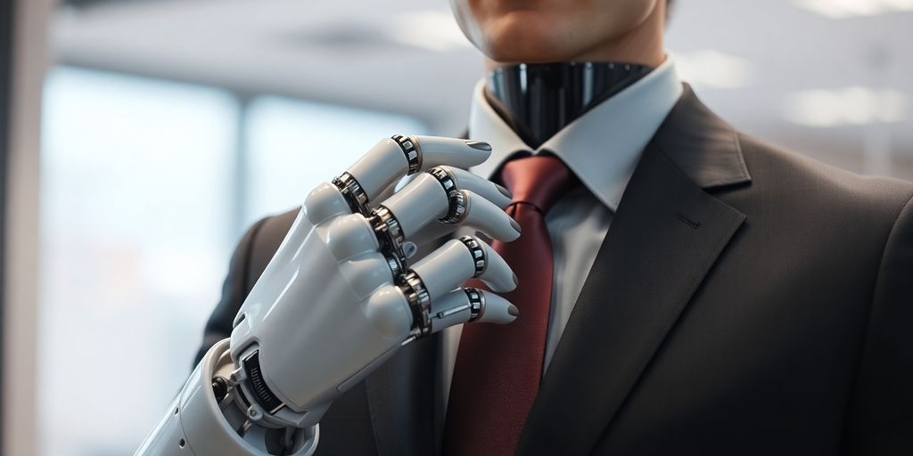 Robot hand adjusting human's tie.