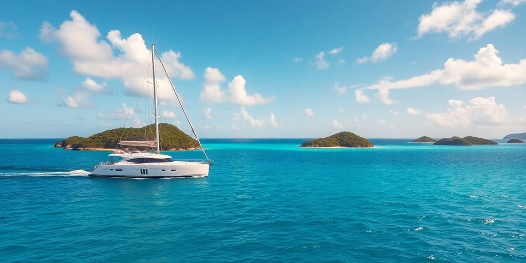 Yacht sailing calm turquoise water, BVI.