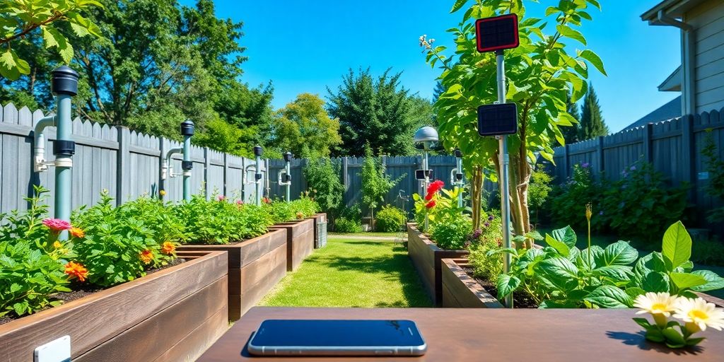 Grădină modernă cu paturi ridicate, irigare automată, lumini solare, senzor