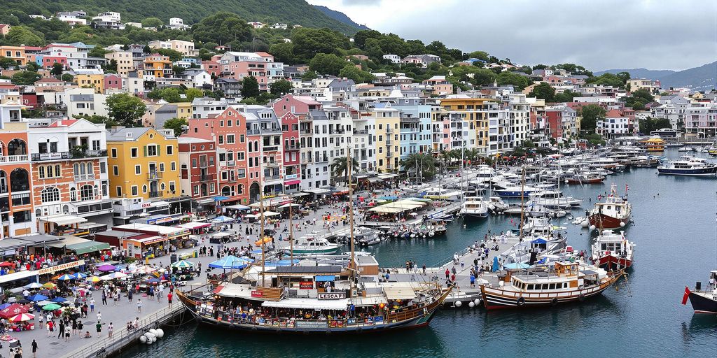 A vibrant harbor city with colorful buildings and waterfront.