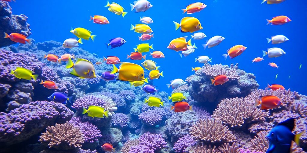 Colorful reef fish swimming in a coral reef.