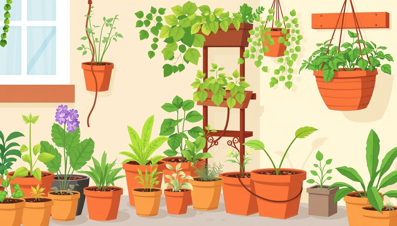 Illustration of a small urban garden with various plants.