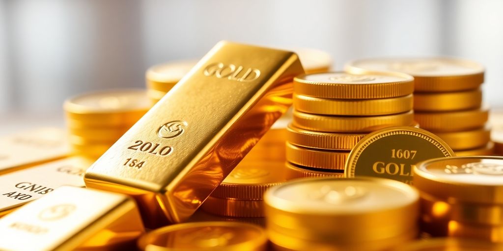 Des lingots et pièces d'or brillants.