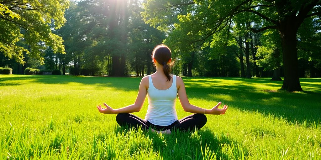 Person meditating outdoors with serene natural background.