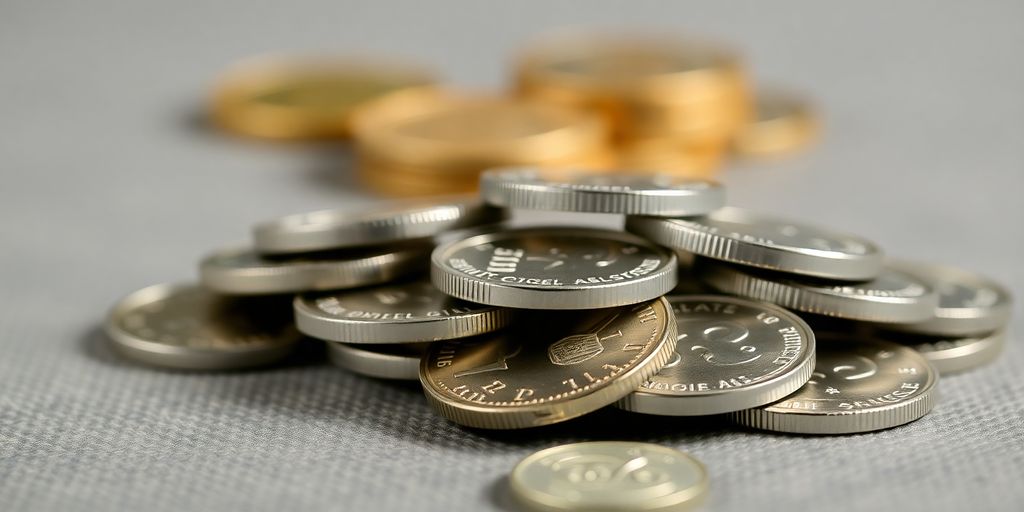 Détail de pièces d'argent sur une surface texturée.