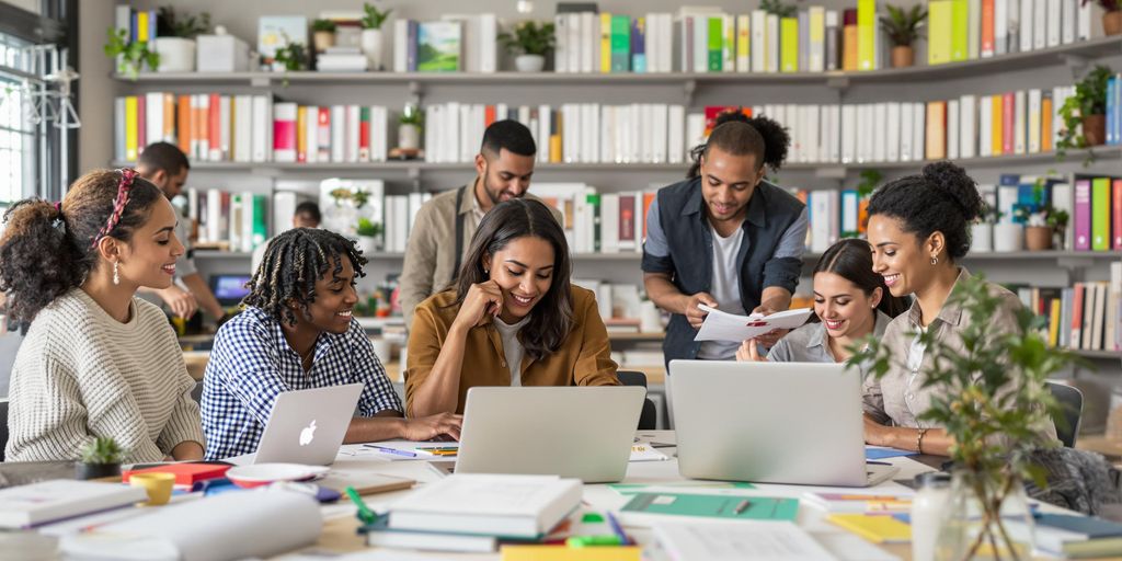 Diverse professionals collaborating in a modern translation workspace.