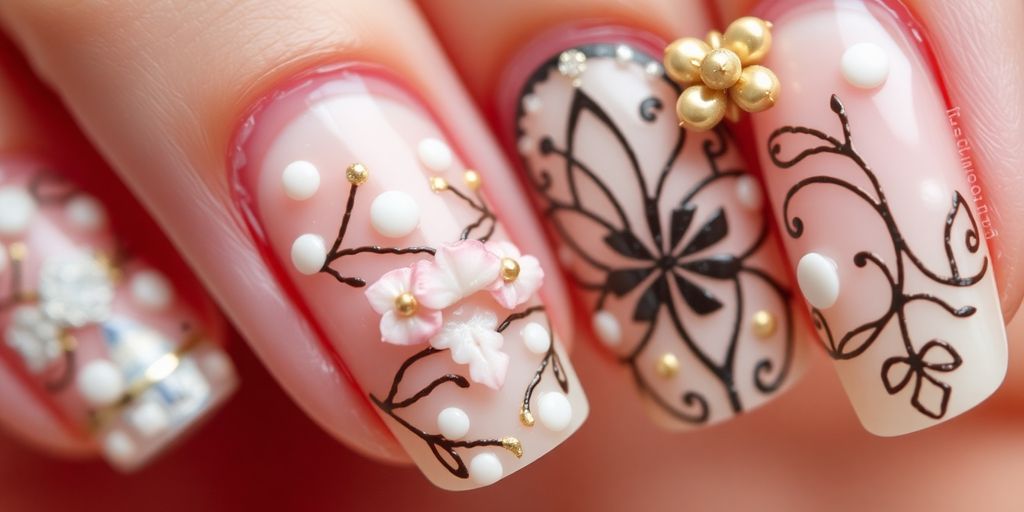 Unhas de fibra decoradas com detalhes sofisticados e delicados.