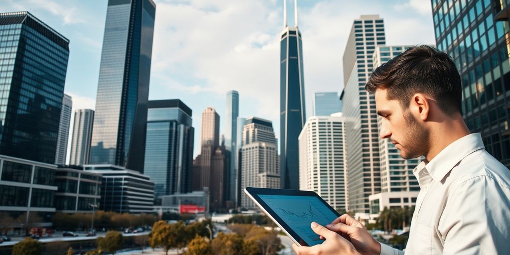 Chicago skyline with tech professional analyzing data.