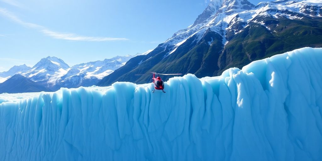 A helicopter flies low over a vast Alaskan glacier.
