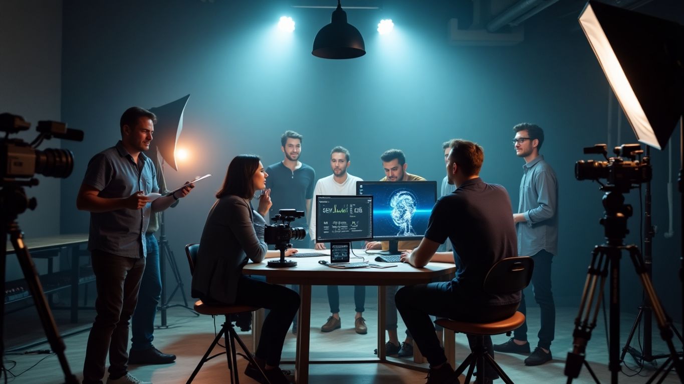 Creative team collaborating on video production with AI tools.