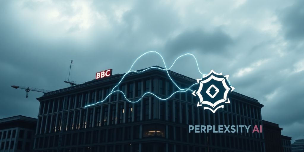BBC building, digital tendrils grasping Perplexity logo.