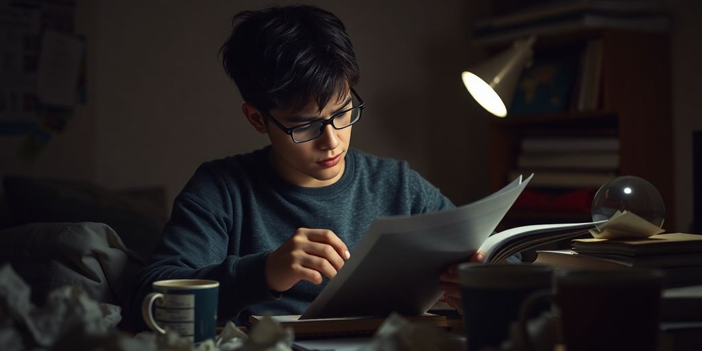 Student studying under stress with crumpled notes and coffee.
