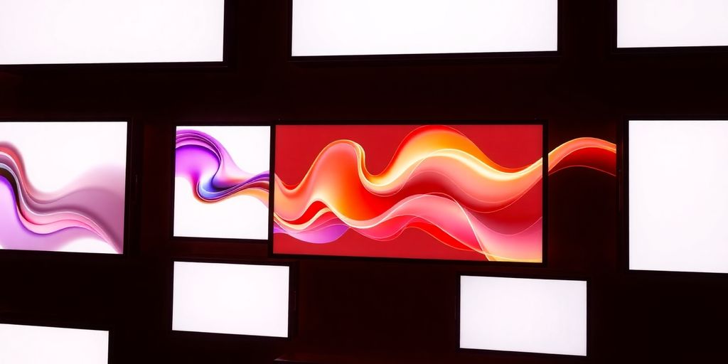 Sleek glowing screens, clean layouts, vibrant digital art.