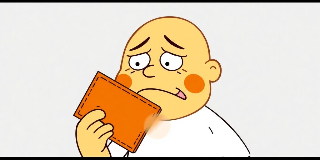 Cartoon hands holding a wallet with a sad face.