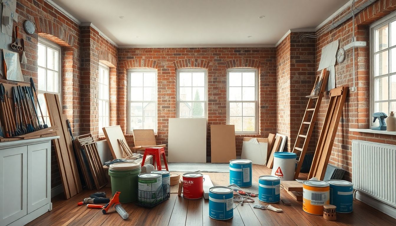 Interior of a townhouse with renovation tools and materials.