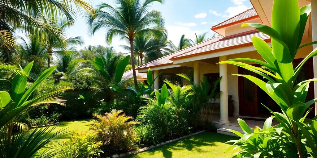Thai villa exterior with lush tropical garden.
