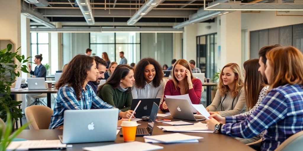 Group of entrepreneurs collaborating in a modern workspace.