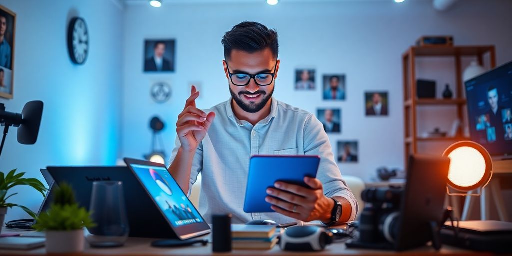 Person creating multimedia content in a modern workspace.