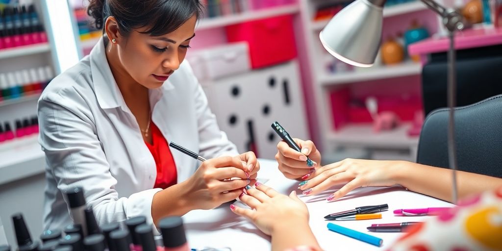 Designer de unhas aplicando arte em unhas de cliente.