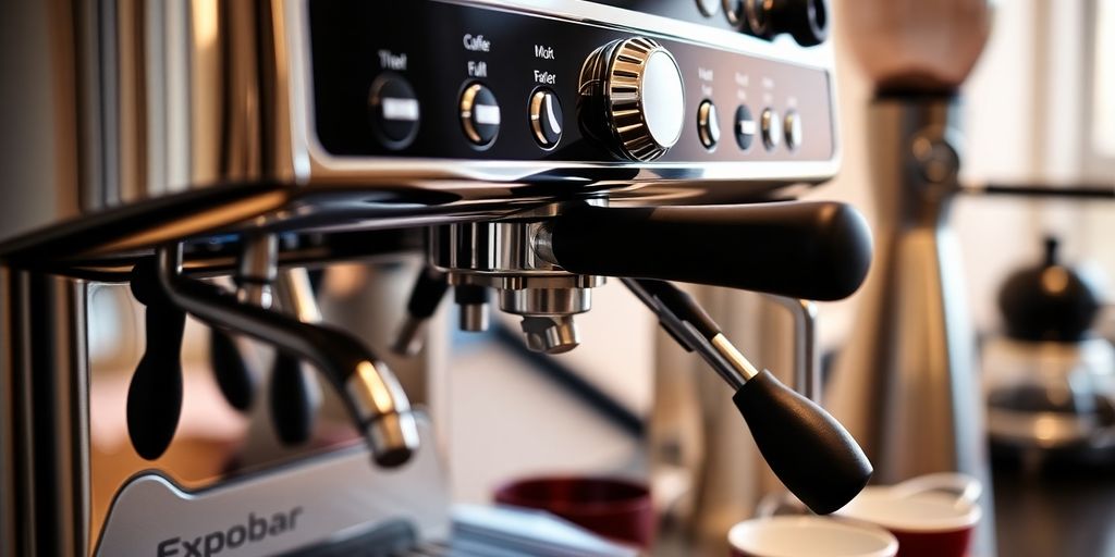 Expobar coffee machine with user-friendly design on countertop.