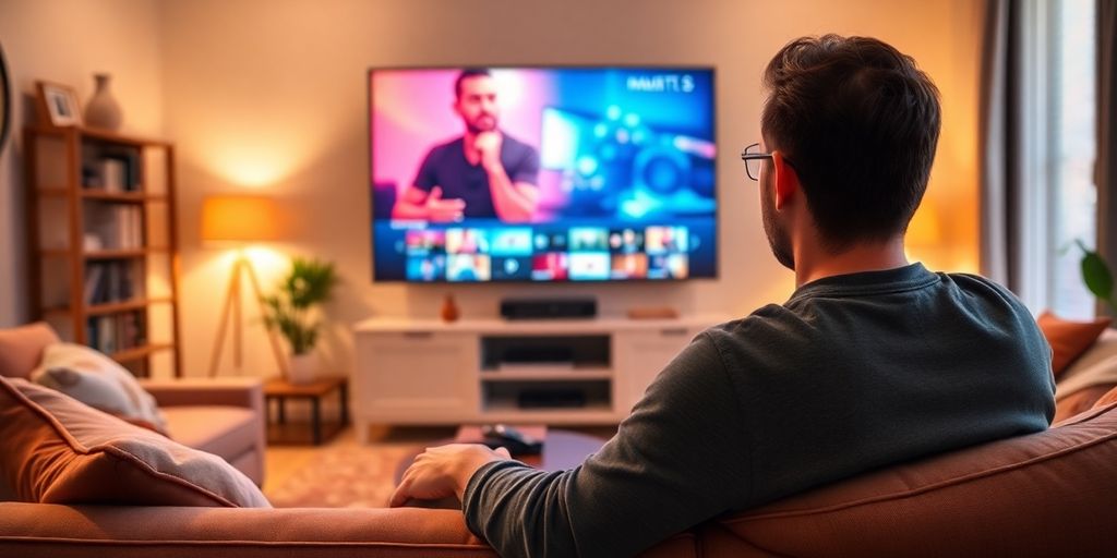 شخص يستمتع بمشاهدة IPTV في غرفة معيشة مريحة