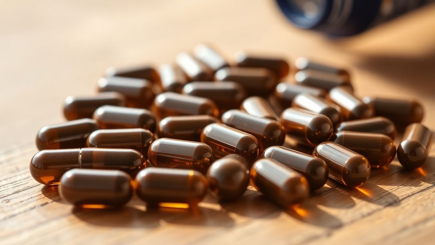 Photograph of CBD capsules on a wooden surface.