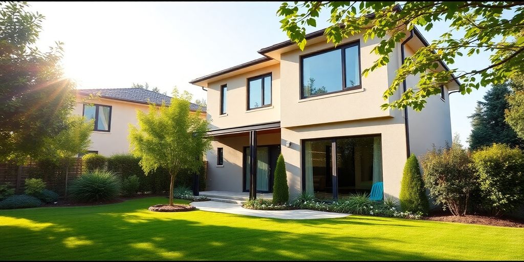 Ein neu gebautes Zuhause mit gepflegtem Garten.