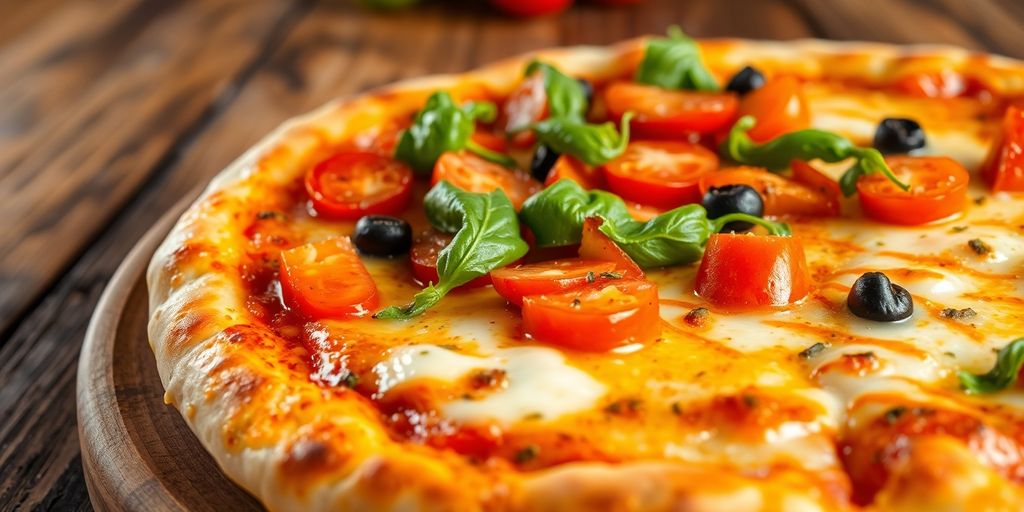 Colorful pizza on a wooden table with melted cheese.