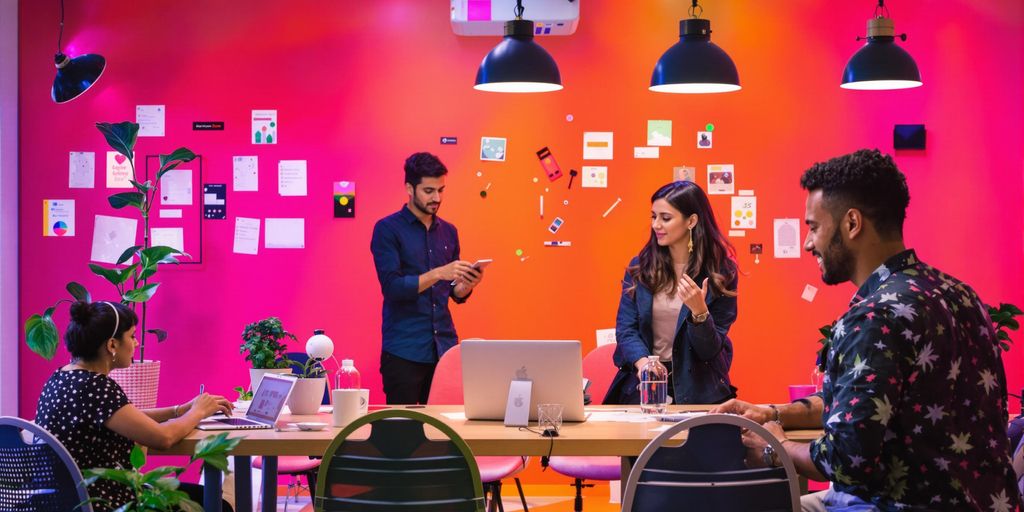 Folk samarbeider i et kreativt arbeidsmiljø.